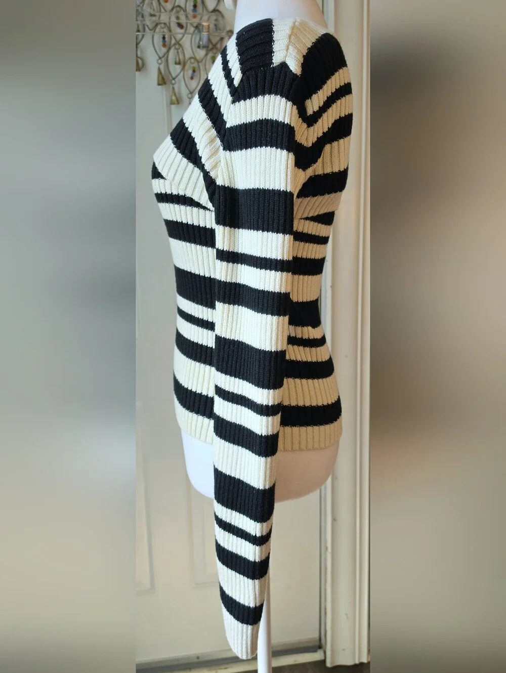 Maeve X Anthro Striped Sweater Shrug Set Womens M Black Cream Ribbed Cotton Blen